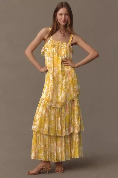 Bhldn Candace Sleeveless Printed Tiered Chiffon Maxi Dress In Yellow