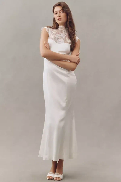 Bhldn Cap-sleeve Lace Satin Maxi Dress In White