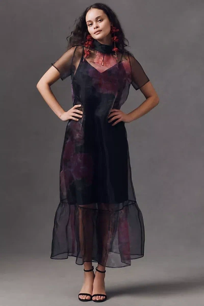 Bhldn Carina Short-sleeve High-neck Organza Midi Dress In Multicolor