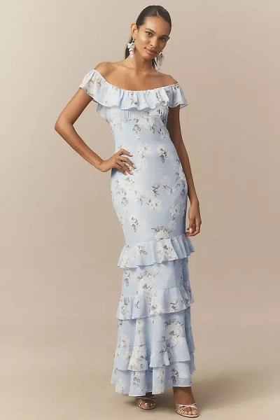 Bhldn Chiffon Floral Printed Square-neck Ruffle Maxi Dress In White