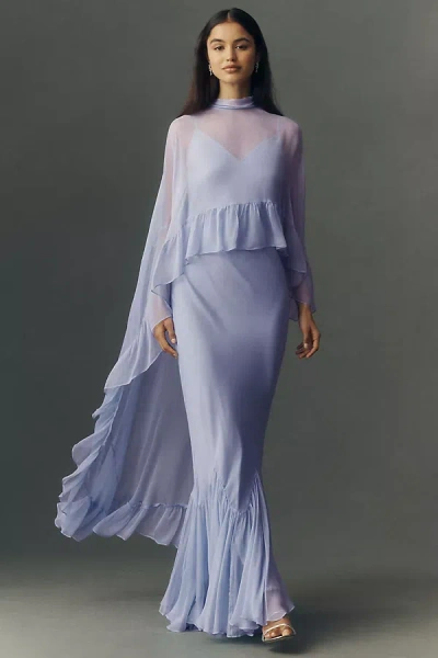 Bhldn Chiffon Slip Maxi Dress With Ruffle Cape In Blue