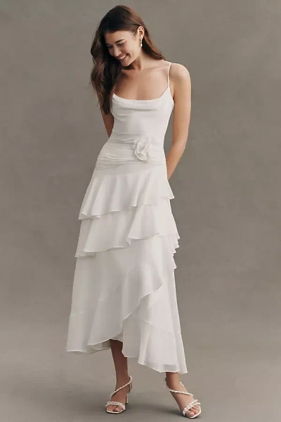 Bhldn Chiffon Tiered Rosette Maxi Dress In White