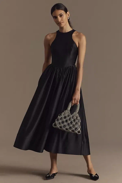 Bhldn Cora Halter Back-cutout Fit & Flare Satin Midi Dress In Black