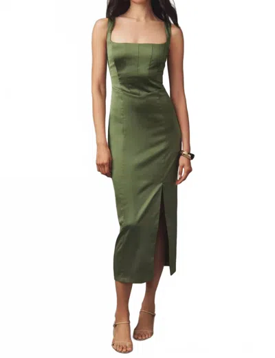 Bhldn Corset Satin Midi Dress In Olive Green