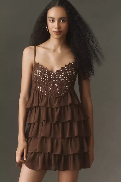 Bhldn Crochet Ruffle Mini Dress In Brown