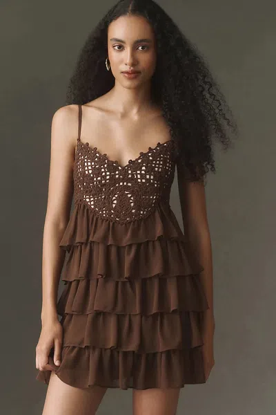 Bhldn Crochet Ruffle Mini Dress In Brown