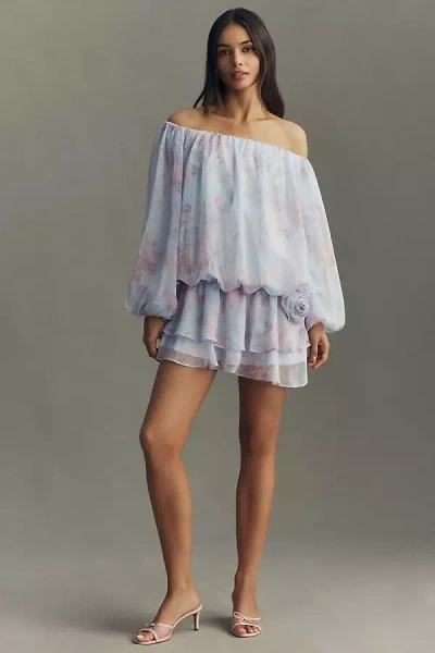 Bhldn Daisy Off-shoulder Chiffon Mini Dress In Blue