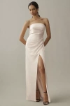 Bhldn Danielle Strapless Side-slit Stretch Satin Maxi Dress In Beige