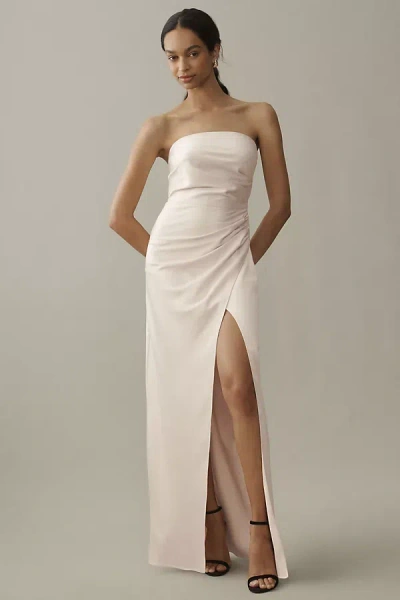 Bhldn Danielle Strapless Side-slit Stretch Satin Maxi Dress In Beige