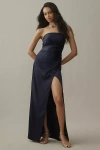 Bhldn Danielle Strapless Side-slit Stretch Satin Maxi Dress In Blue