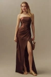 Bhldn Danielle Strapless Side-slit Stretch Satin Maxi Dress In Brown