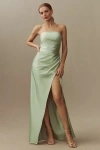 Bhldn Danielle Strapless Side-slit Stretch Satin Maxi Dress In Green