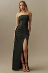 Bhldn Danielle Strapless Side-slit Stretch Satin Maxi Dress In Green