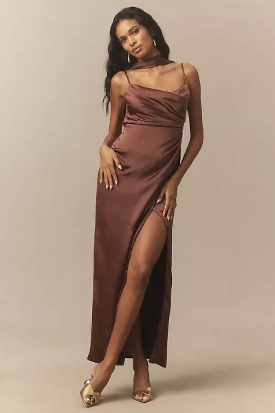 Bhldn Delaney Scoop-neck Scarf High-shine Satin Maxi Dress In Brown
