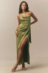 Bhldn Delaney Scoop-neck Scarf High-shine Satin Maxi Dress In Green