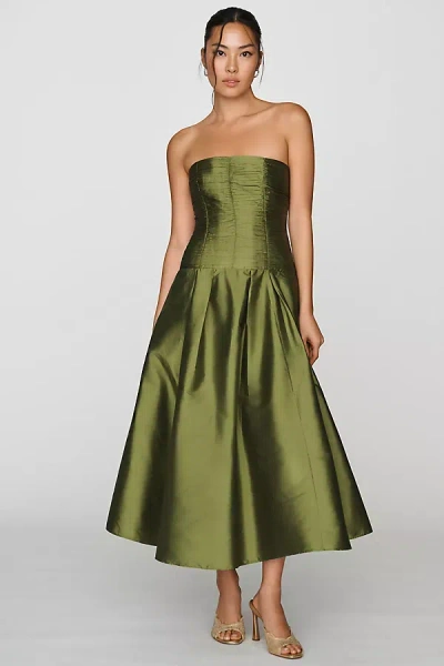 Bhldn Drop-waist Satin Midi Dress In Green
