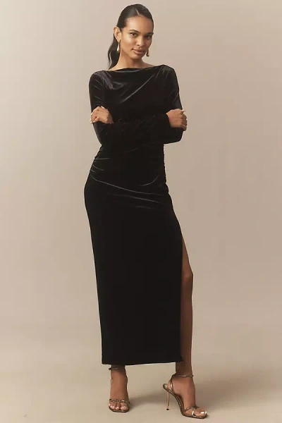 Bhldn Eloise Boat Neck Stretch Velvet Maxi Dress In Black