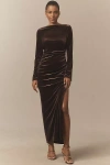 Bhldn Eloise Boat Neck Stretch Velvet Maxi Dress In Brown