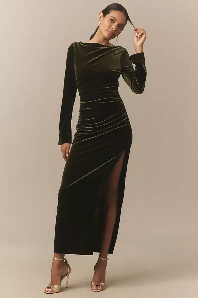 Bhldn Eloise Boat Neck Stretch Velvet Maxi Dress In Green