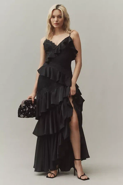 Bhldn Elora Sleeveless V-neck Ruffle Lace Midi Dress In Black