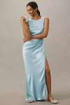 Bhldn Emma High-neck Satin Maxi Gown In Blue