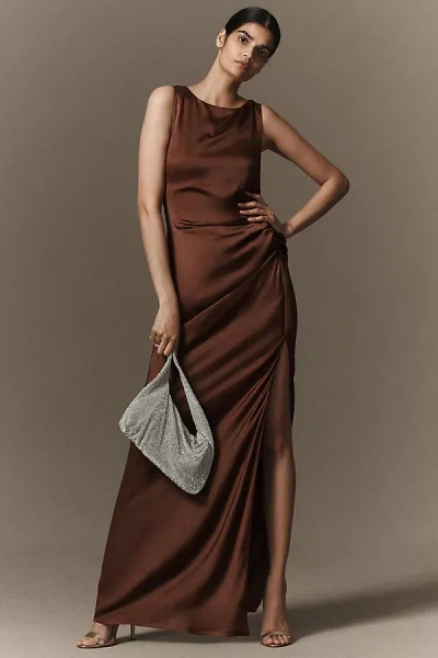 Bhldn Emma High-neck Satin Maxi Gown In Brown