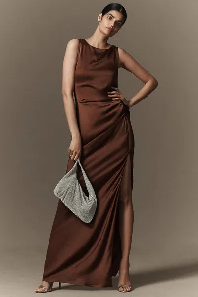 Bhldn Emma High-neck Satin Maxi Gown In Brown