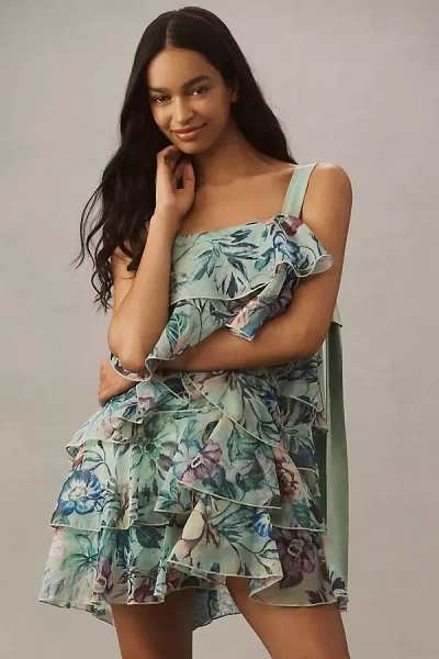 Bhldn Emme Bow-strap Tiered Organza Mini Dress In Blue