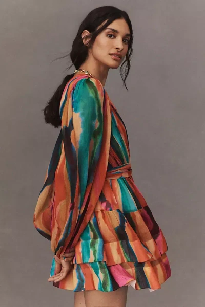 Bhldn Esme V-neck Long-sleeve Wrap Chiffon Mini Dress In Multicolor