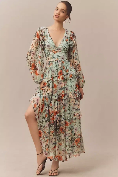 Bhldn Floral Chiffon Plunge Long-sleeve Ruffle Maxi Dress In Multi