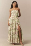 Bhldn Floral Chiffon Strapless Ruched Tiered A-line Midi Dress In Gold