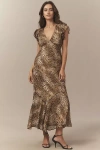 Bhldn Flutter-sleeve Plunge Maxi Dress In Brown