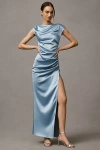 Bhldn Francesca High-neck Stretch Satin Maxi Dress In Blue