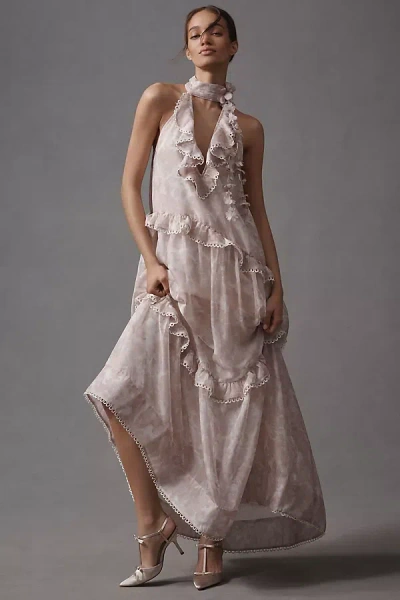 Bhldn High-neck Ruffle Printed Organza Maxi Dress In White