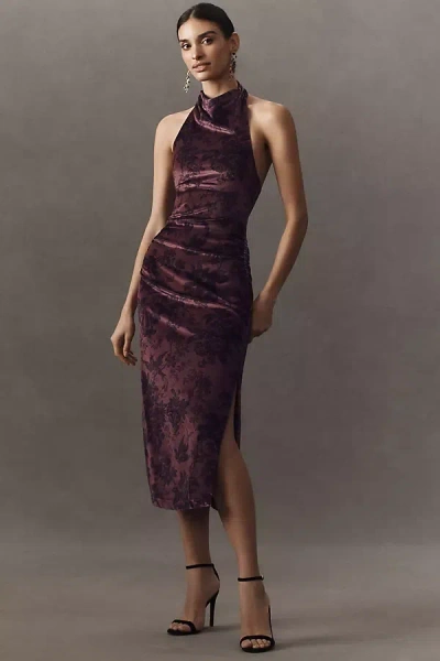 Bhldn Holly Halter Printed Stretch Velvet Midi Dress In Purple