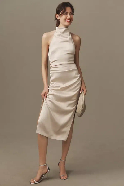 Bhldn Holly Halter Stretch Satin Midi Dress In Beige