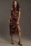 Bhldn Holly Halter Stretch Satin Midi Dress In Brown