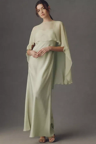 Bhldn Iris Satin Sweetheart Gown With Cape In Green