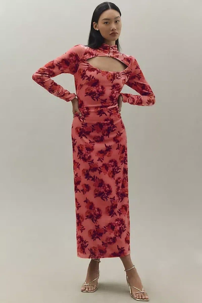 Bhldn Isabella Long-sleeve High-neck Cutout Velvet Maxi Dress In Orange