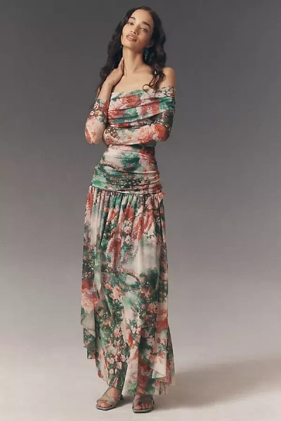 Bhldn Ivy Off-shoulder Drop-waist Stretch Mesh Maxi Dress In Multi