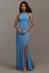 Bhldn Juliana High-neck Side-slit Stretch Crepe Maxi Dress In Blue