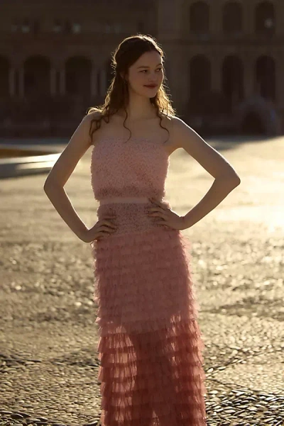 Bhldn Juliet Strapless Tulle Ruffle Midi Dress In Pink