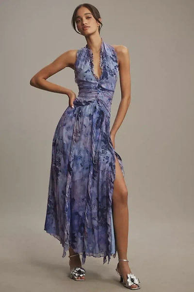 Bhldn Juliette Long-sleeve V-neck Chiffon Ruffle Maxi Dress In Blue