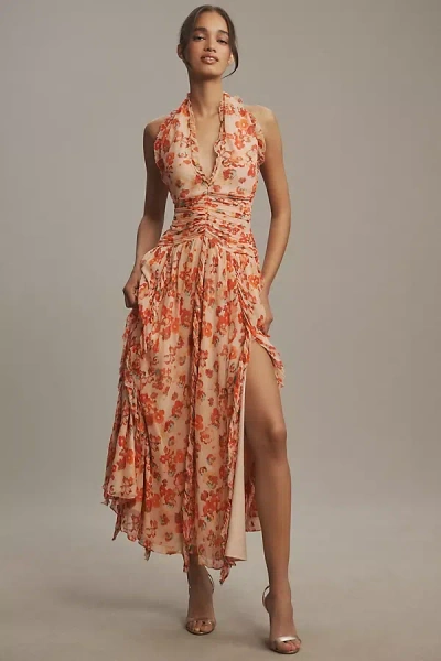 Bhldn Juliette Long-sleeve V-neck Chiffon Ruffle Maxi Dress In Brown