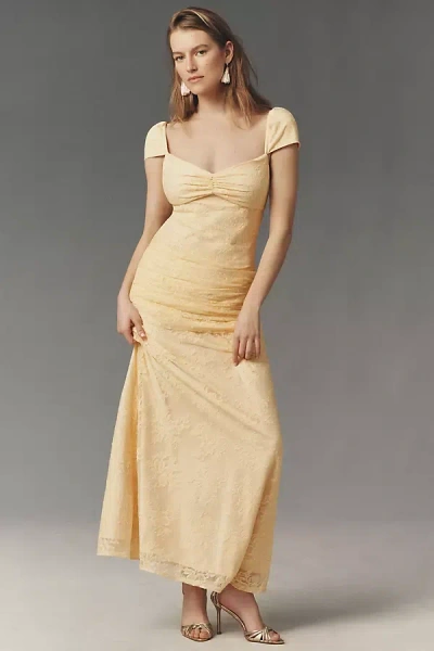 Bhldn June Stretch Lace Ruched Maxi Slip Dress In Yellow