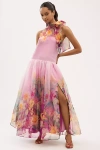 Bhldn Kendall High-neck Scarf Floral Organza Maxi Dress In Purple