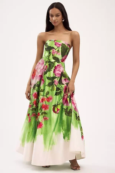 Bhldn Kira Strapless Printed Satin A-line Maxi Dress In Green