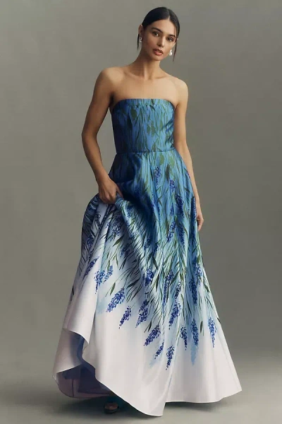 Bhldn Kira Strapless Printed Satin A-line Maxi Dress In Multi