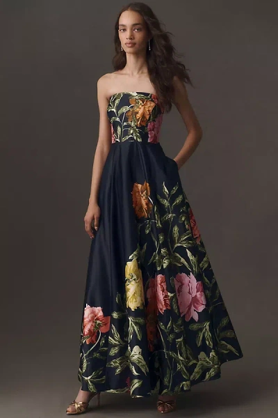 Bhldn Kira Strapless Printed Satin A-line Maxi Dress In Blue