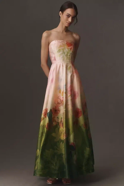 Bhldn Kira Strapless Printed Satin A-line Maxi Dress In Green